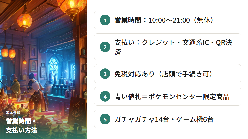 営業時間・支払い方法・免税・購入制限