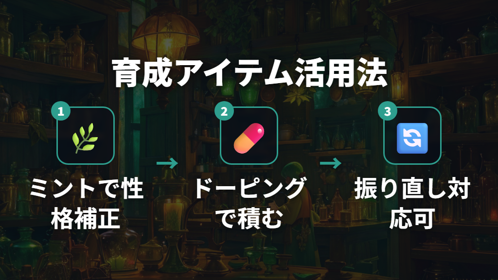 性格変更アイテムとドーピングの使い方