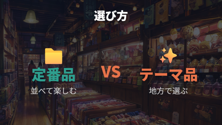 グッズの種類と商品内容は定番品とテーマ品に分かれる