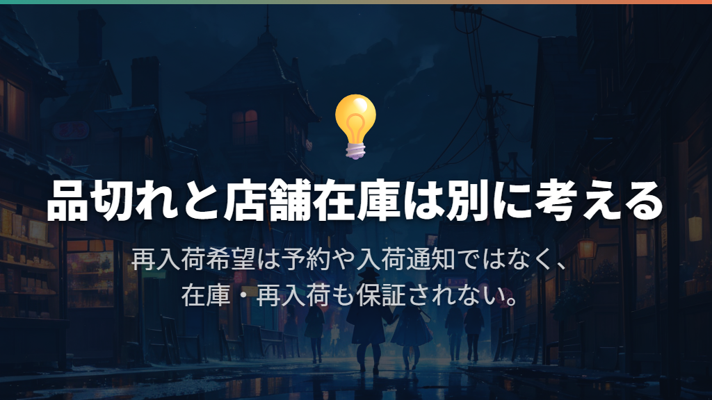 売り切れ時は店舗在庫と分けて考える。再入荷希望は予約ではない