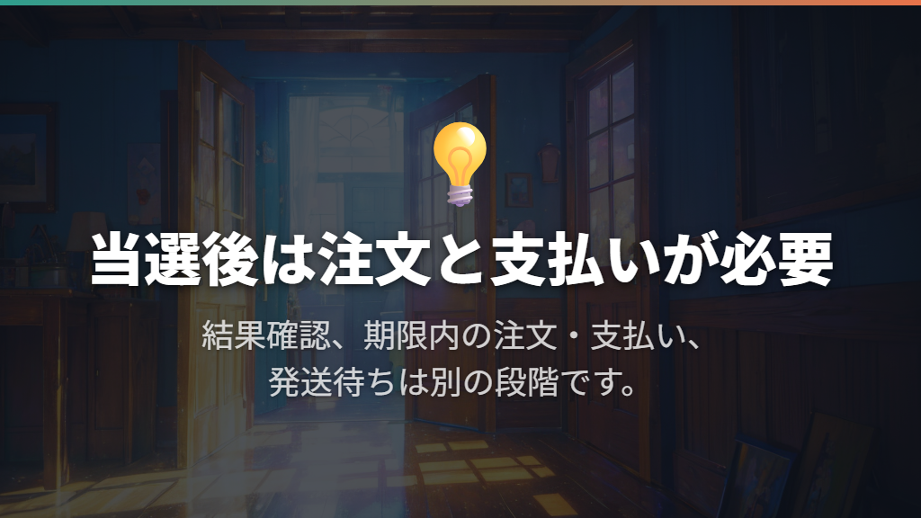 当選後は注文と支払いが必要、発送待ちと取り違えない