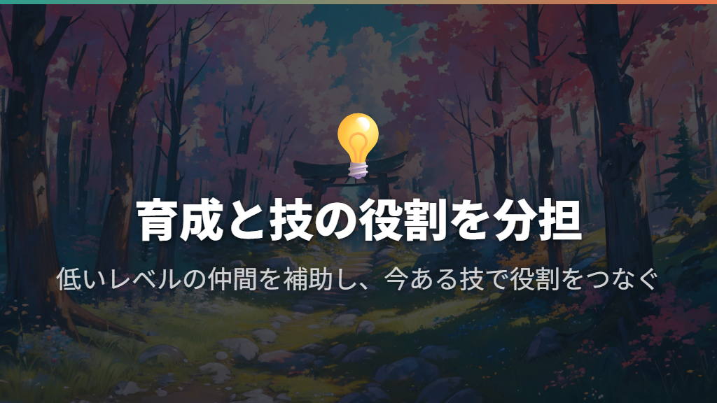 技・秘伝技の分担とがくしゅうそうちで育成を進める