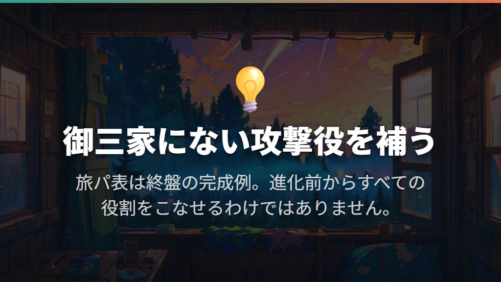 御三家別の旅パ例は通信進化・伝説に頼らず組む