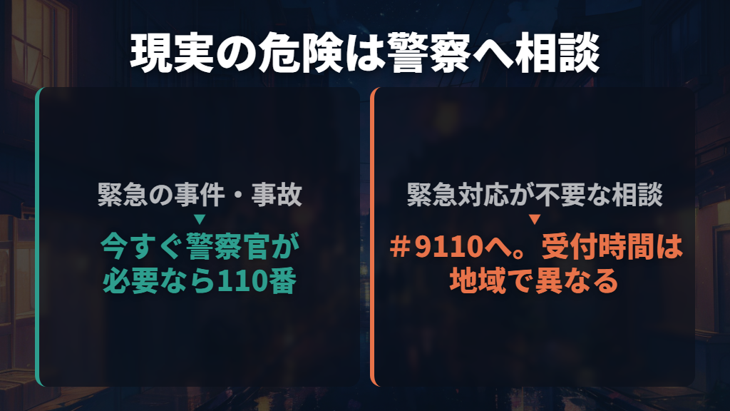 仕返しや相手の特定を避け、現実の危険は警察へ相談する