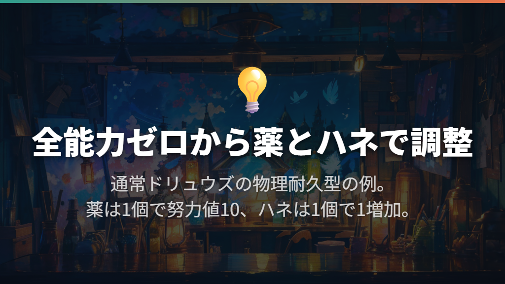 薬とハネでHP44・攻撃252・防御204へ振る具体例