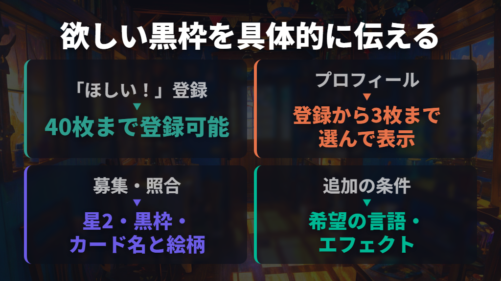 欲しい黒枠は「ほしい！」登録と絵柄で指定する